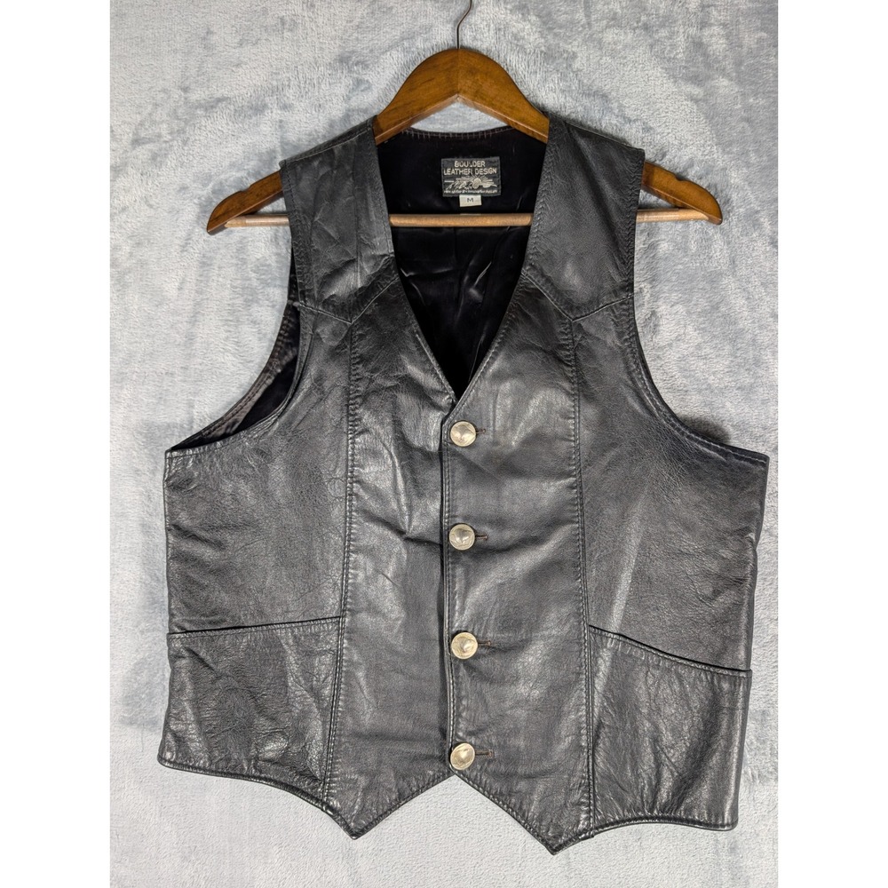 Vintage Medium Black Leather Western Vest Buffalo Nickel Design Boulder‎ Cowboy